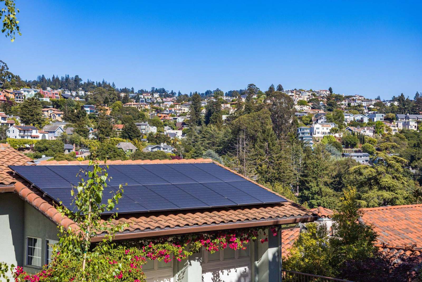 Suburban home with a rooftop solar system surrounded by greenery